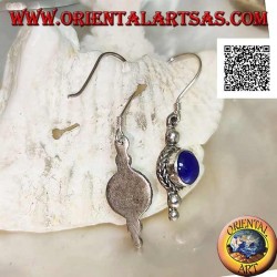 Silver pendant earrings with round lapis lazuli surrounded by weaving and two balls below