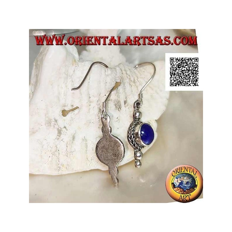Silver pendant earrings with round lapis lazuli surrounded by weaving and two balls below
