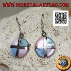 Silver round pendant earrings with multicolor mother-of-pearl triangles divided by a cross