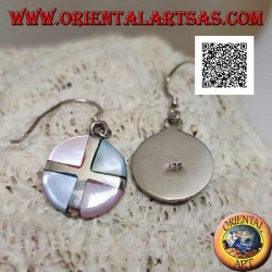 Silver round pendant earrings with multicolor mother-of-pearl triangles divided by a cross