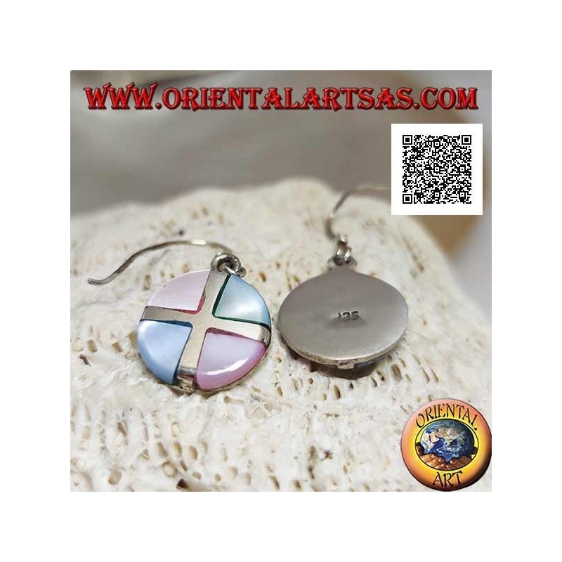 Silver round pendant earrings with multicolor mother-of-pearl triangles divided by a cross