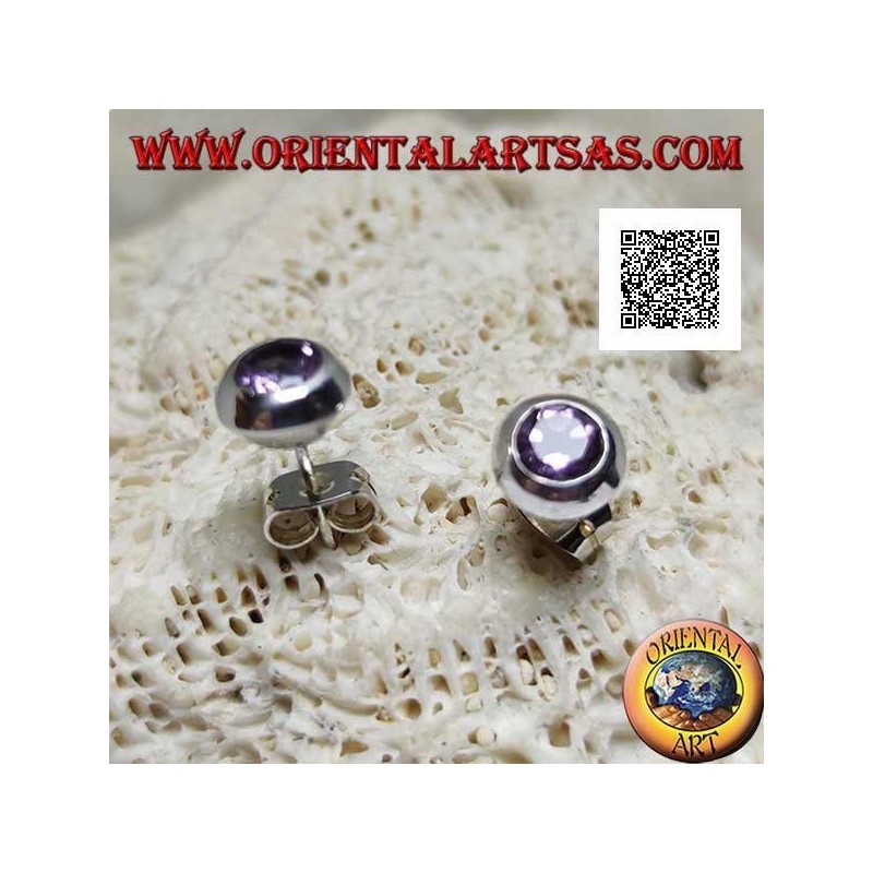 Pendientes de plata con lóbulo con amatista redonda natural engastada al ras del borde