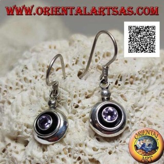 Silver pendant earrings with natural round amethyst on a smooth setting separated by a dimple
