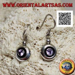 Silver pendant earrings with natural round amethyst on a smooth setting separated by a dimple