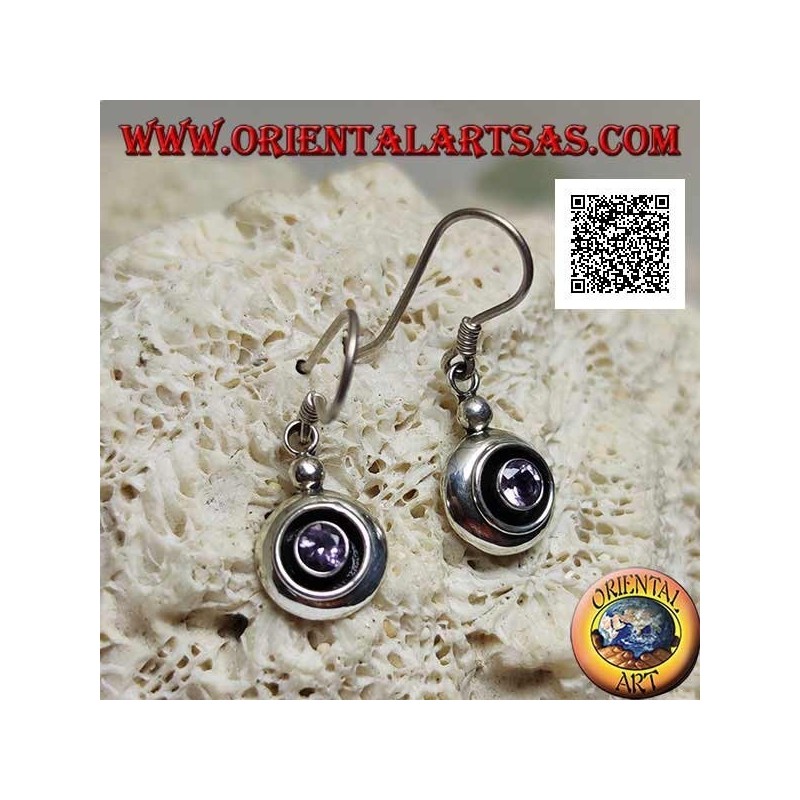 Silver pendant earrings with natural round amethyst on a smooth setting separated by a dimple