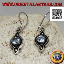 Silver earrings with natural round blue topaz on etched ethnic setting