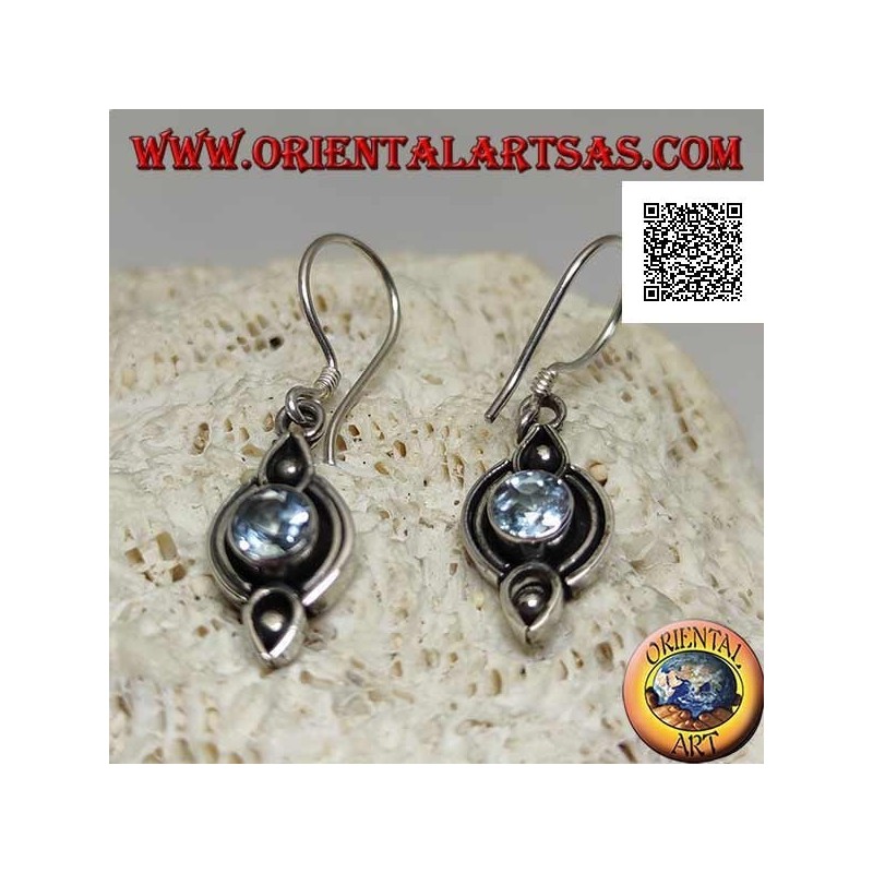 Silver earrings with natural round blue topaz on etched ethnic setting