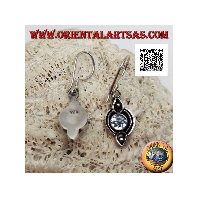 Silver earrings with natural round blue topaz on etched ethnic setting