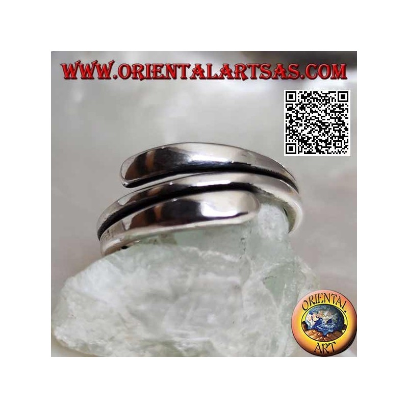 Anillo plateado liso, línea de doble vuelta con extremos aplanados