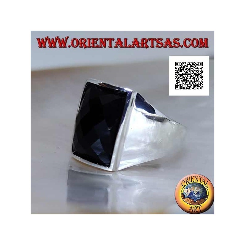 Silver ring with slightly raised rectangular curved faceted onyx on smooth setting