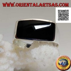 Silver ring with horizontal rectangular onyx flush with edge on smooth frame