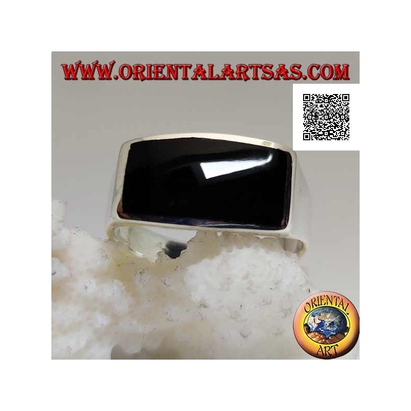 Silver ring with horizontal rectangular onyx flush with edge on smooth frame