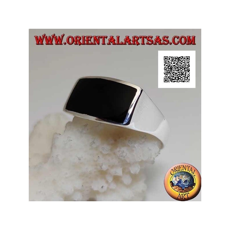 Silver ring with horizontal rectangular onyx flush with edge on smooth frame