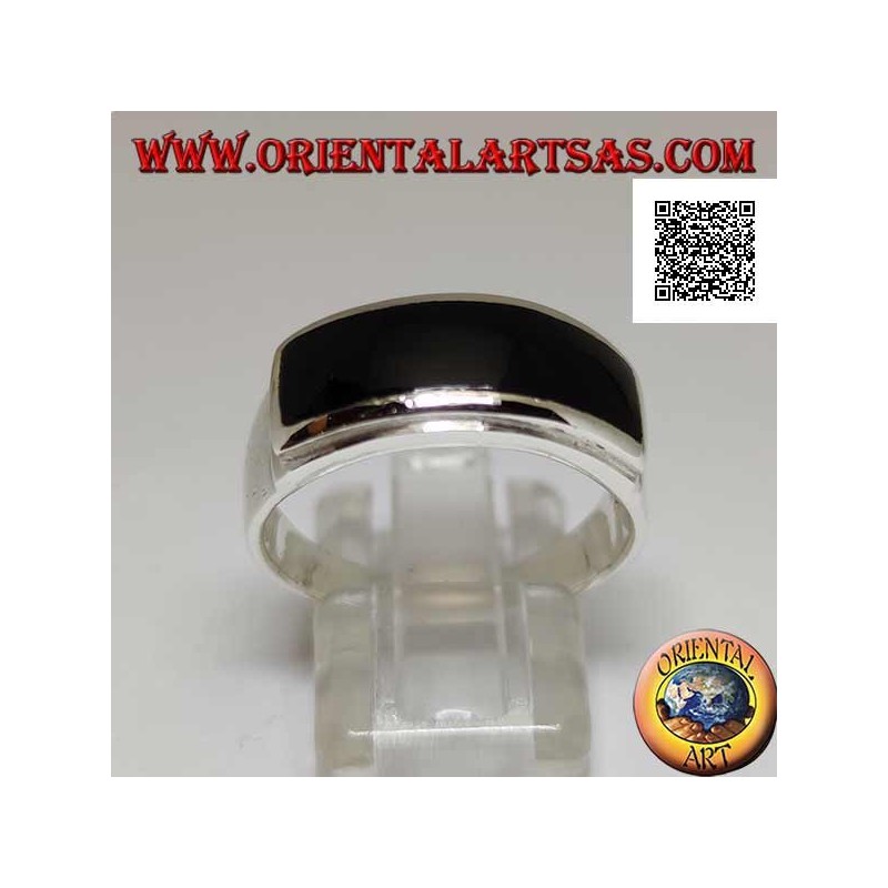 Silberring mit horizontalem rechteckigem Onyx bündig mit doppelter glatter erhabener Kante