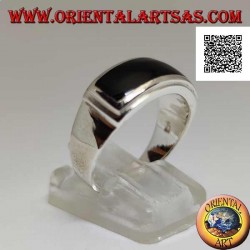 Silberring mit horizontalem rechteckigem Onyx bündig mit doppelter glatter erhabener Kante
