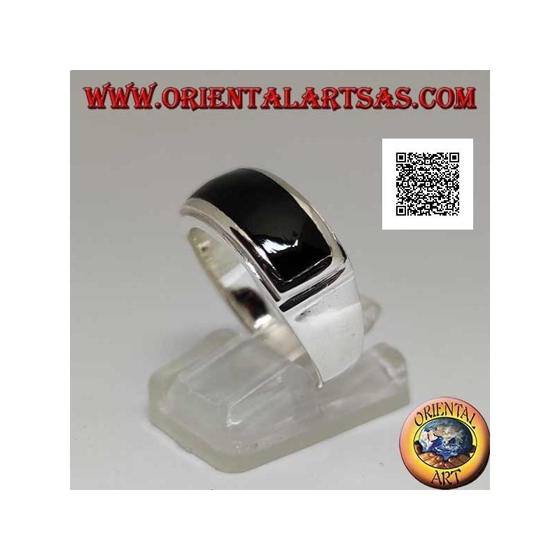 Anillo de plata con ónix rectangular horizontal a ras con doble borde liso en relieve
