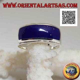 Anello in argento con lapislazzulo rettangolare orizzontale a filo con doppio bordo sollevato liscio