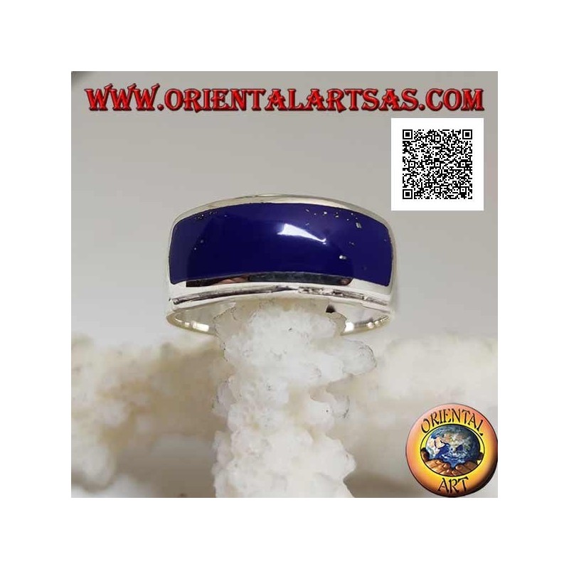 Anello in argento con lapislazzulo rettangolare orizzontale a filo con doppio bordo sollevato liscio