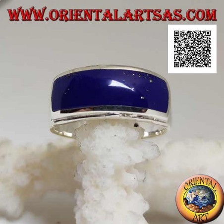 Silver ring with horizontal rectangular lapis lazuli flush with double smooth raised edge