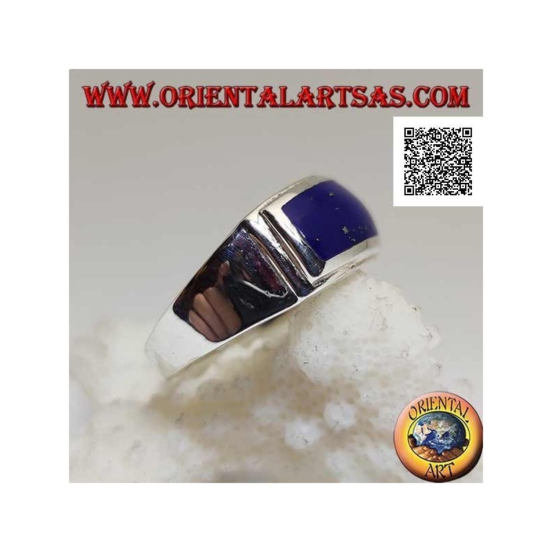 Silver ring with horizontal rectangular lapis lazuli flush with double smooth raised edge