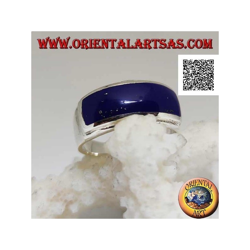 Bague en argent avec lapis lazuli rectangulaire horizontal affleurant avec double bord relevé lisse