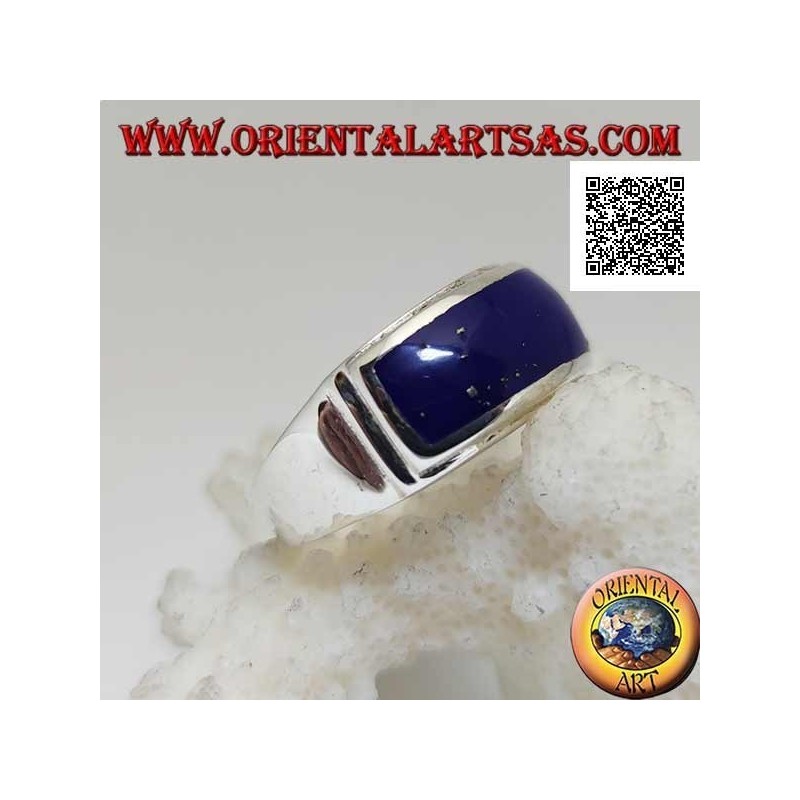 Anillo de plata con lapislázuli rectangular horizontal a ras con doble borde liso en relieve
