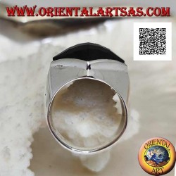 Silver ring with faceted square rhomboid onyx on smooth setting