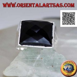 Silver ring with faceted rectangular curved onyx on smooth frame with two lateral lines