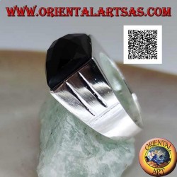 Silver ring with faceted rectangular curved onyx on smooth frame with two lateral lines