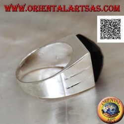 Silver ring with faceted rectangular curved onyx on smooth frame with two lateral lines