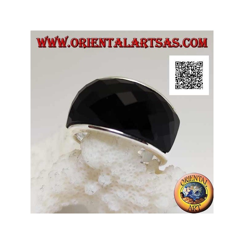 Silberring mit abgerundeten rechteckigen facettierten gebogenen Onyx auf glatter Einstellung