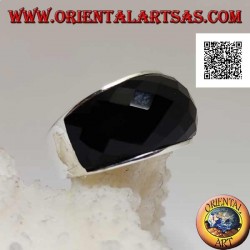 Silver ring with rounded rectangular faceted curved onyx on smooth setting