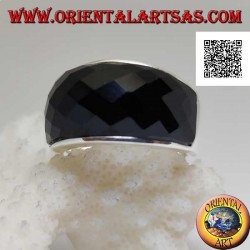 Silver ring with rounded rectangular faceted curved onyx on smooth setting