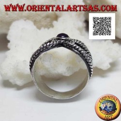 Wide band ring in silver with interweaving on the sides and round amethyst to close