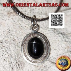 Silver pendant with black star (Diopside) oval cabochon surrounded by weaving