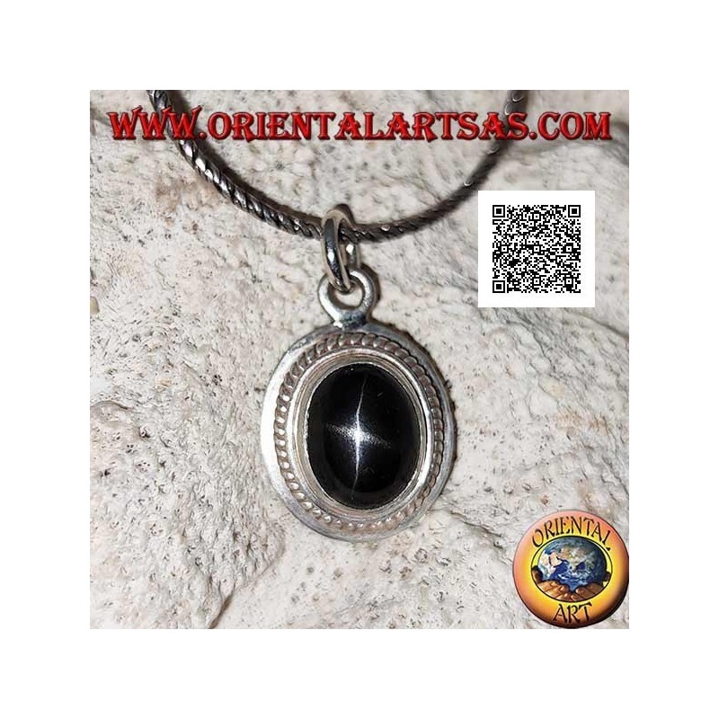 Silver pendant with black star (Diopside) oval cabochon surrounded by weaving