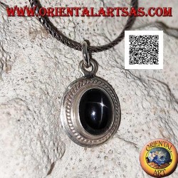 Silver pendant with black star (Diopside) oval cabochon surrounded by weaving