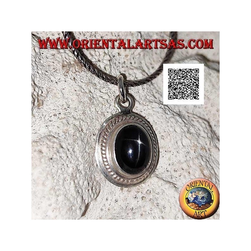 Silver pendant with black star (Diopside) oval cabochon surrounded by weaving