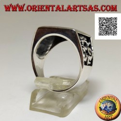 Silver ring with square carnelian and profile dragon in bas-relief on the sides