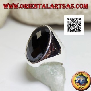 Silver ring with narrow elongated faceted oval onyx on smooth frame
