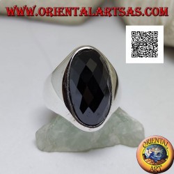 Silver ring with narrow elongated faceted oval onyx on smooth frame
