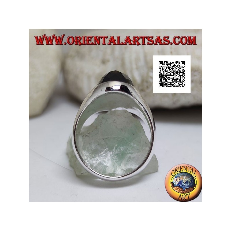 Silberring mit schmalem, länglichem, facettiertem, ovalem Onyx auf glattem Rahmen