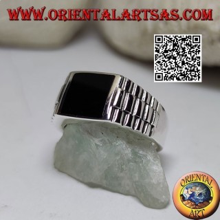 Anello in argento con onice quadrata e maglia di orologio sui lati