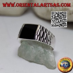 Silver ring with square onyx and clock link on the sides