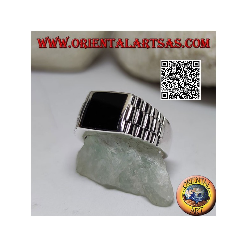 Silver ring with square onyx and clock link on the sides