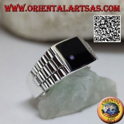Silberring mit quadratischem Onyx und Uhrenglied an den Seiten
