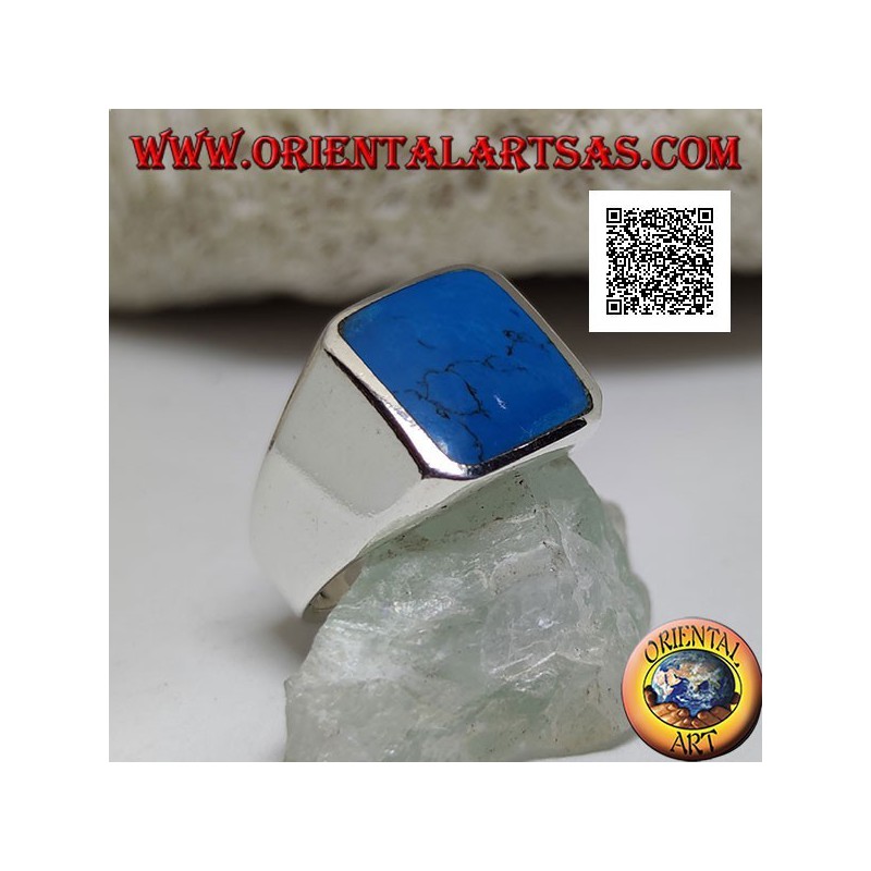 Silver ring with beveled rectangular turquoise set flush with the edge on a smooth frame