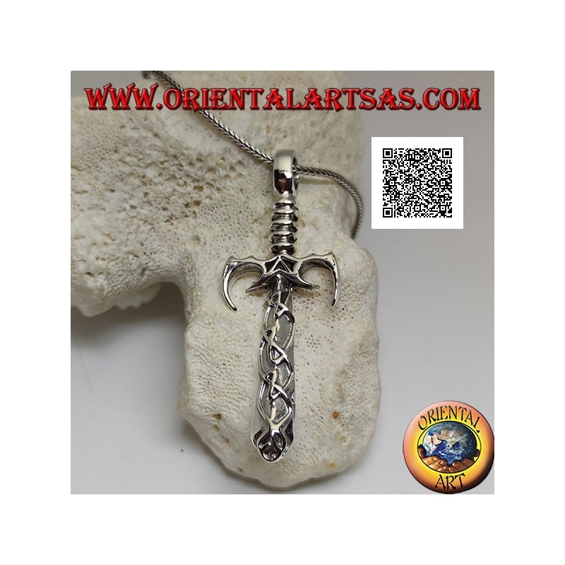 Silver sword pendant with guard and pointed ratchets and blade with Celtic decorations