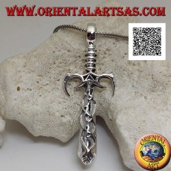 Silver sword pendant with guard and pointed ratchets and blade with Celtic decorations