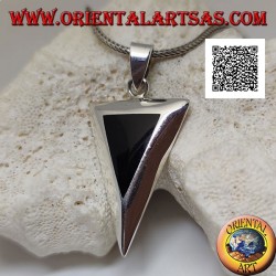 Inverted isosceles triangle silver pendant with flush-set onyx on a smooth setting